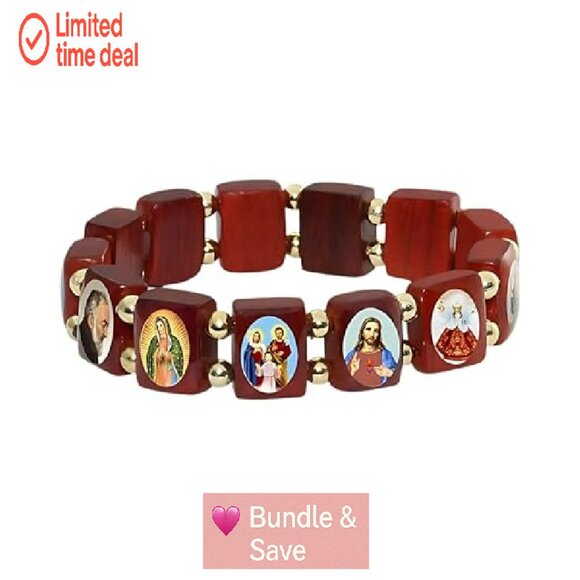 Wood Stretch Bracelet with Saints Images, Unisex Devotional Jewelry - Picture 2 of 8